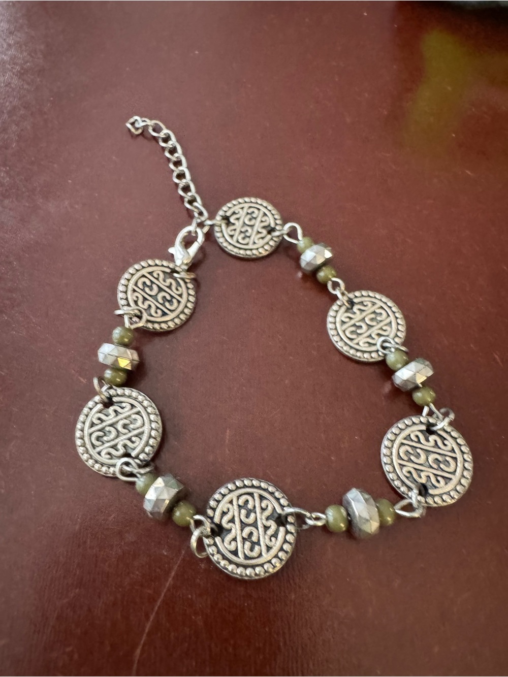 Silver-Tone Medallion Bracelet with Olive Beads